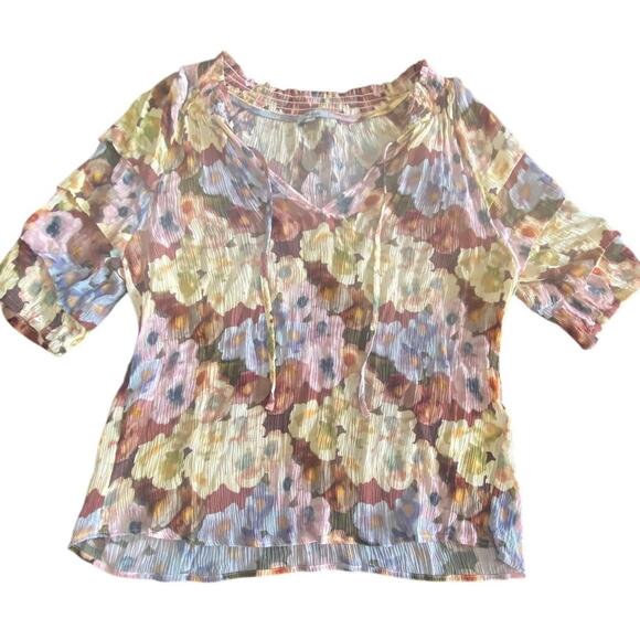 Rails Paris Floral Split Neck Top Small Multicolor Ruffle Sleeve Crinkle Blouse - Picture 5 of 11